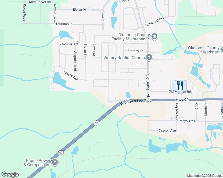 map of restaurants, bars, coffee shops, grocery stores, and more near 2102 Cleo Lane in Crestview