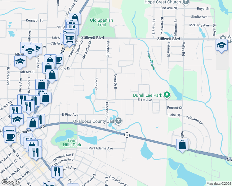 map of restaurants, bars, coffee shops, grocery stores, and more near 315 Brackin Street in Crestview