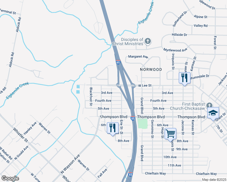 map of restaurants, bars, coffee shops, grocery stores, and more near 464 3rd Avenue in Chickasaw