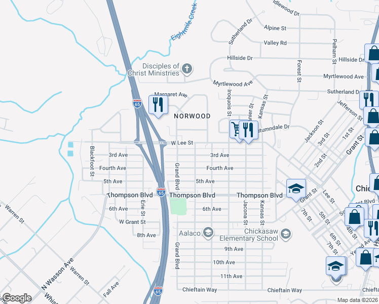 map of restaurants, bars, coffee shops, grocery stores, and more near 304 3rd Avenue in Chickasaw