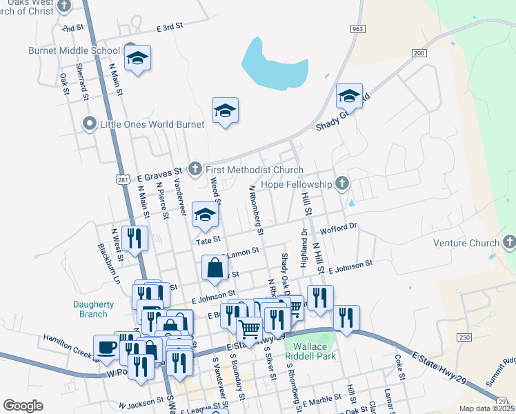 map of restaurants, bars, coffee shops, grocery stores, and more near 709 North Rhomberg Street in Burnet