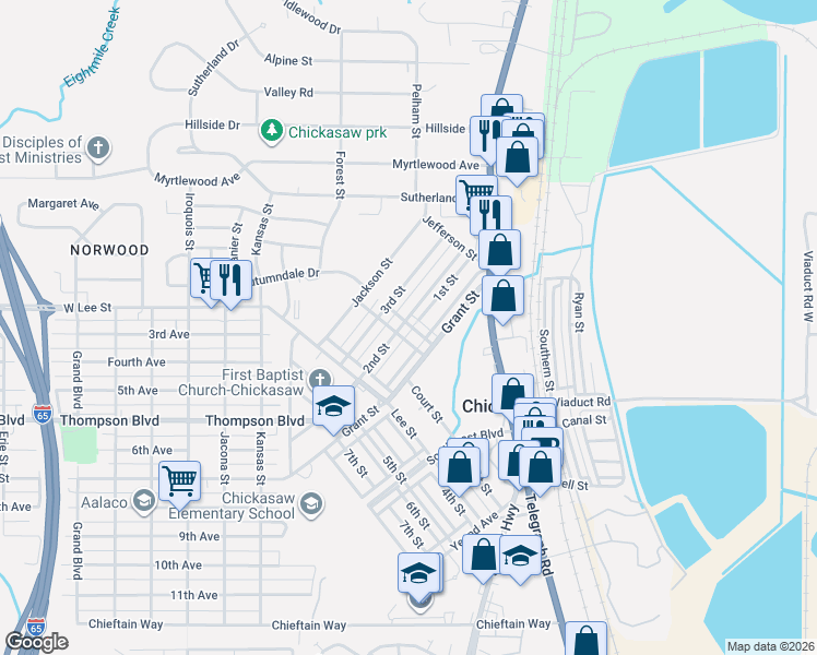 map of restaurants, bars, coffee shops, grocery stores, and more near 278 2nd Street in Chickasaw