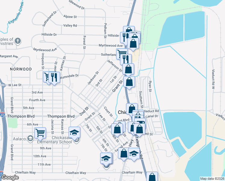 map of restaurants, bars, coffee shops, grocery stores, and more near 305 Grant Street in Chickasaw