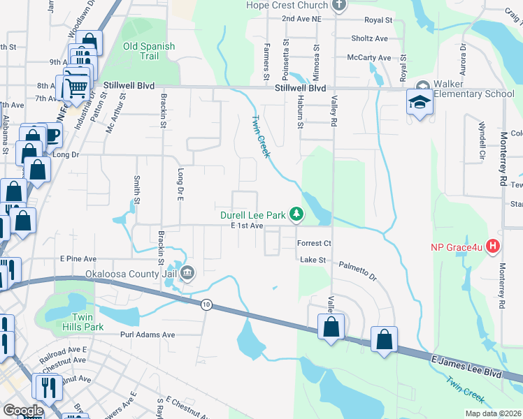 map of restaurants, bars, coffee shops, grocery stores, and more near 224 January Court in Crestview