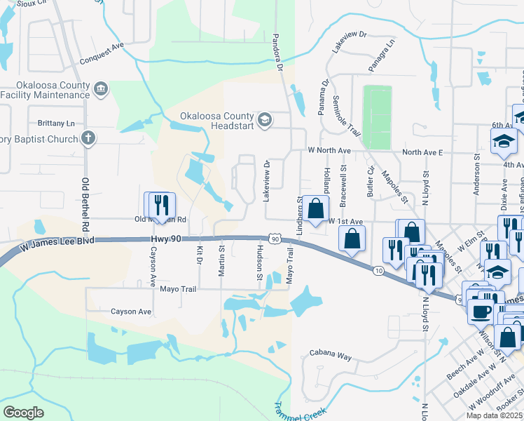 map of restaurants, bars, coffee shops, grocery stores, and more near 105 Lakeview Drive in Crestview