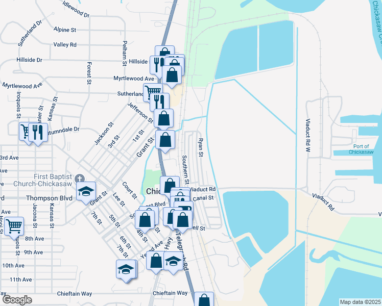 map of restaurants, bars, coffee shops, grocery stores, and more near 53 Gulf Street in Chickasaw