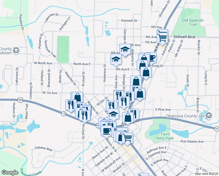 map of restaurants, bars, coffee shops, grocery stores, and more near 208 East 2nd Avenue in Crestview