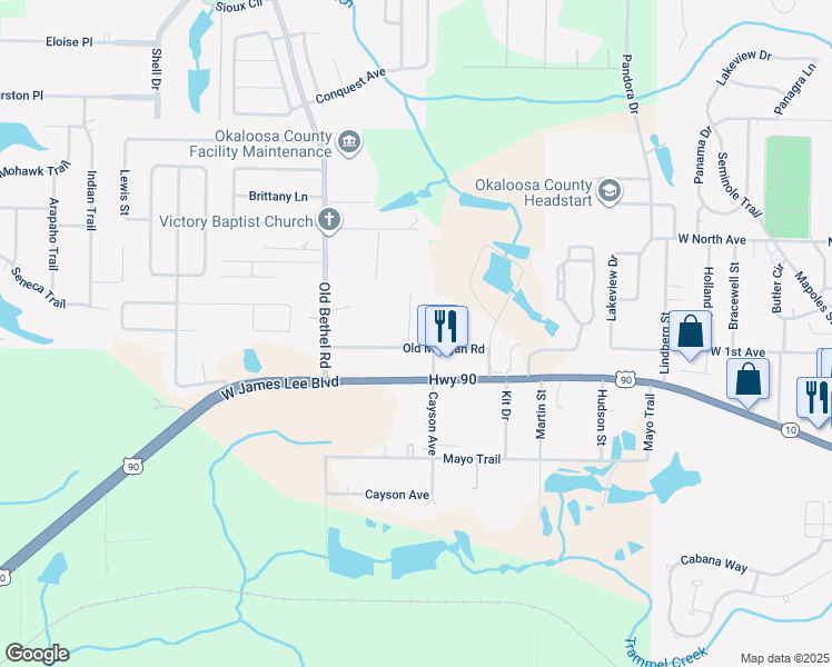map of restaurants, bars, coffee shops, grocery stores, and more near 5405 Malcolm Tucker Avenue in Crestview