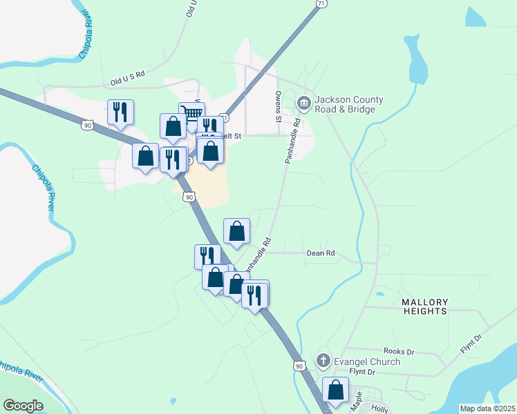 map of restaurants, bars, coffee shops, grocery stores, and more near 4759 Grandoaks Circle in Marianna