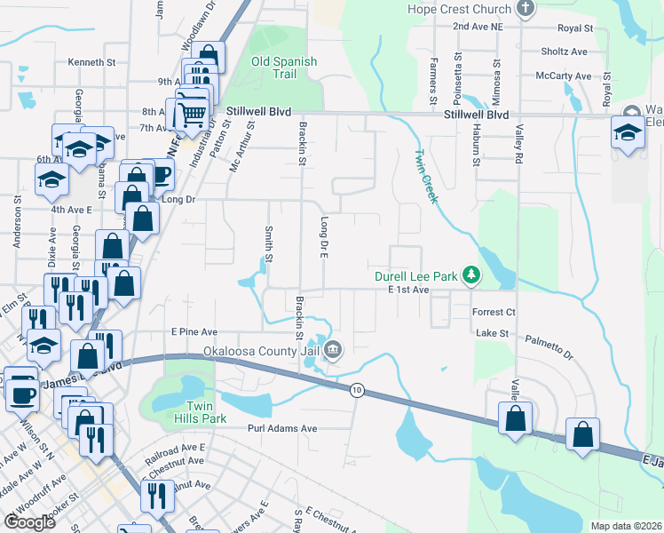 map of restaurants, bars, coffee shops, grocery stores, and more near 1516 East 1st Avenue in Crestview