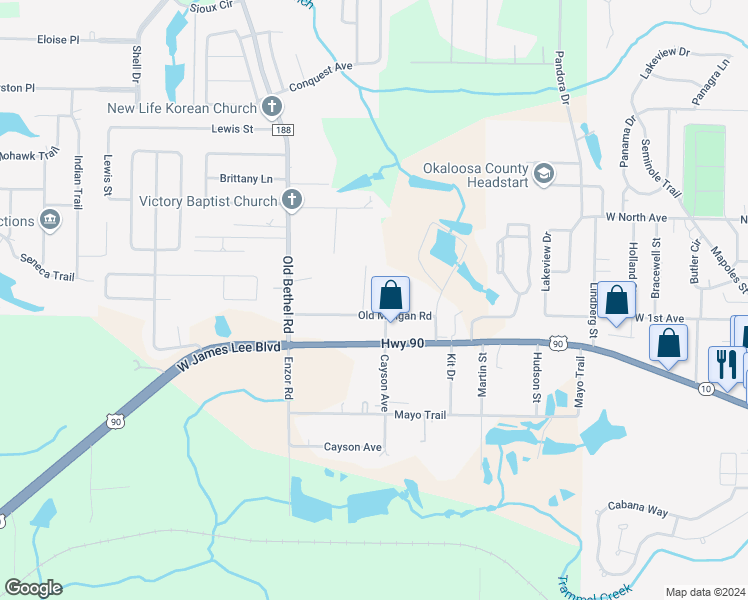map of restaurants, bars, coffee shops, grocery stores, and more near 5405 Malcolm Tucker Avenue in Crestview