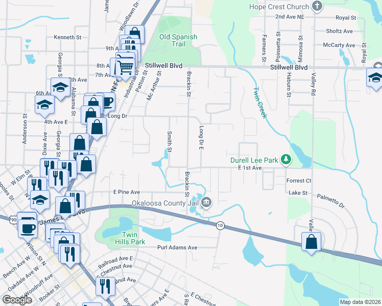 map of restaurants, bars, coffee shops, grocery stores, and more near 315 Brackin Street in Crestview
