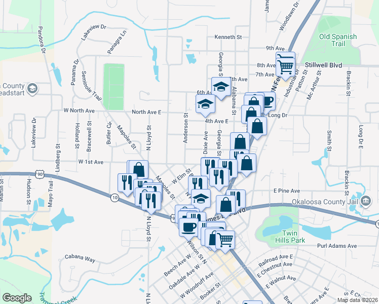 map of restaurants, bars, coffee shops, grocery stores, and more near 208 East 2nd Avenue in Crestview
