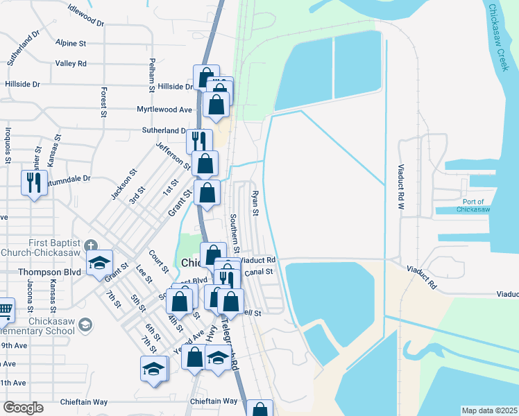 map of restaurants, bars, coffee shops, grocery stores, and more near 26 Ryan Street in Chickasaw