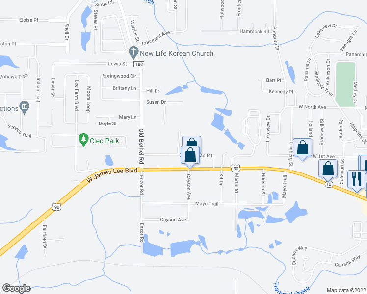 map of restaurants, bars, coffee shops, grocery stores, and more near 5405 Malcolm Tucker Avenue in Crestview