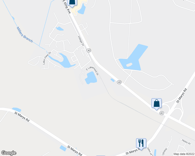 map of restaurants, bars, coffee shops, grocery stores, and more near 175 East Lakemont Drive in Kingsland