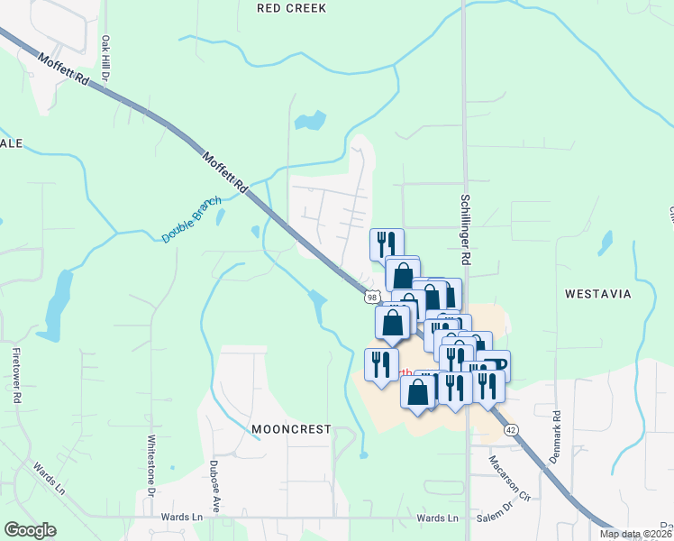 map of restaurants, bars, coffee shops, grocery stores, and more near 8032 Moffett Road in Semmes