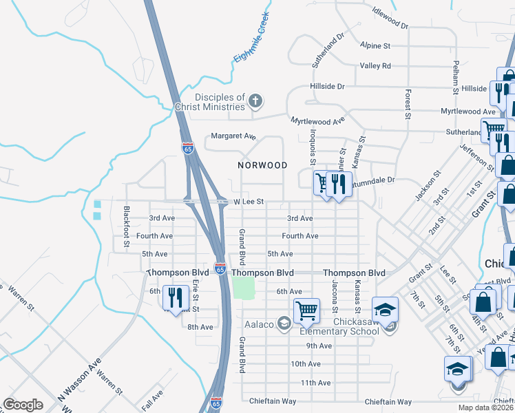 map of restaurants, bars, coffee shops, grocery stores, and more near 304 3rd Avenue in Chickasaw