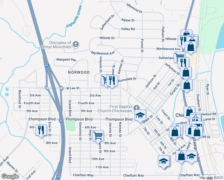 map of restaurants, bars, coffee shops, grocery stores, and more near 152 3rd Avenue in Chickasaw