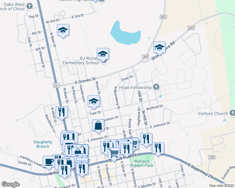 map of restaurants, bars, coffee shops, grocery stores, and more near 709 North Rhomberg Street in Burnet