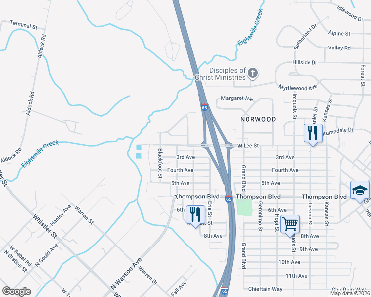 map of restaurants, bars, coffee shops, grocery stores, and more near 509 West Lee Street in Chickasaw