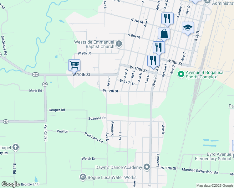 map of restaurants, bars, coffee shops, grocery stores, and more near 1221 Avenue J in Bogalusa
