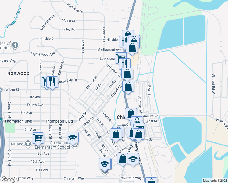 map of restaurants, bars, coffee shops, grocery stores, and more near 305 Grant Street in Chickasaw