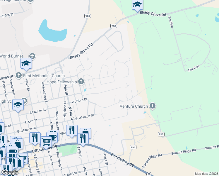 map of restaurants, bars, coffee shops, grocery stores, and more near 1301 Adam in Burnet