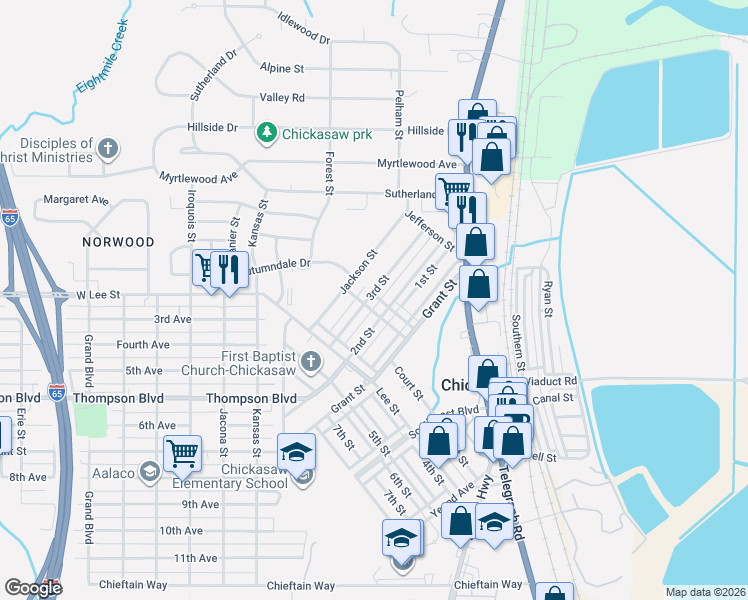 map of restaurants, bars, coffee shops, grocery stores, and more near 215 3rd Street in Chickasaw