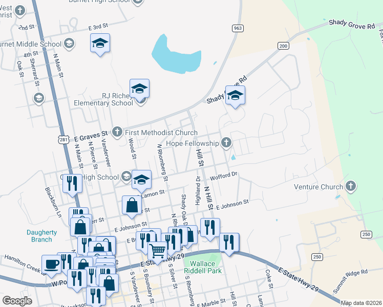 map of restaurants, bars, coffee shops, grocery stores, and more near 702 North Hill Street in Burnet