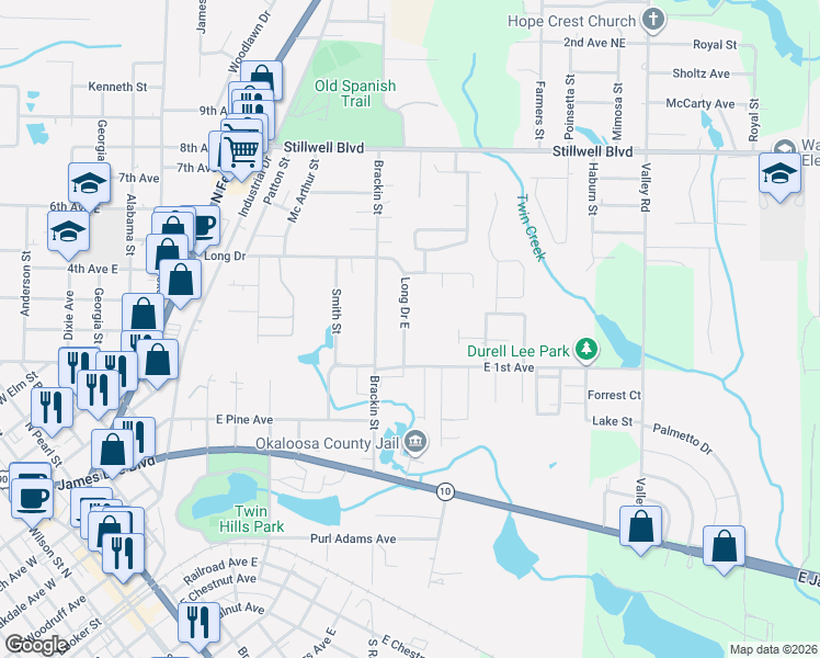 map of restaurants, bars, coffee shops, grocery stores, and more near 1516 East 1st Avenue in Crestview