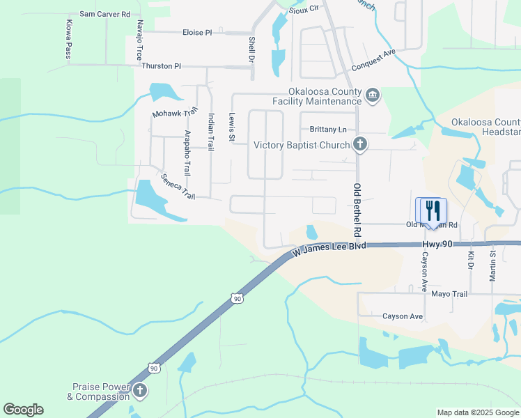 map of restaurants, bars, coffee shops, grocery stores, and more near 2102 Cleo Lane in Crestview