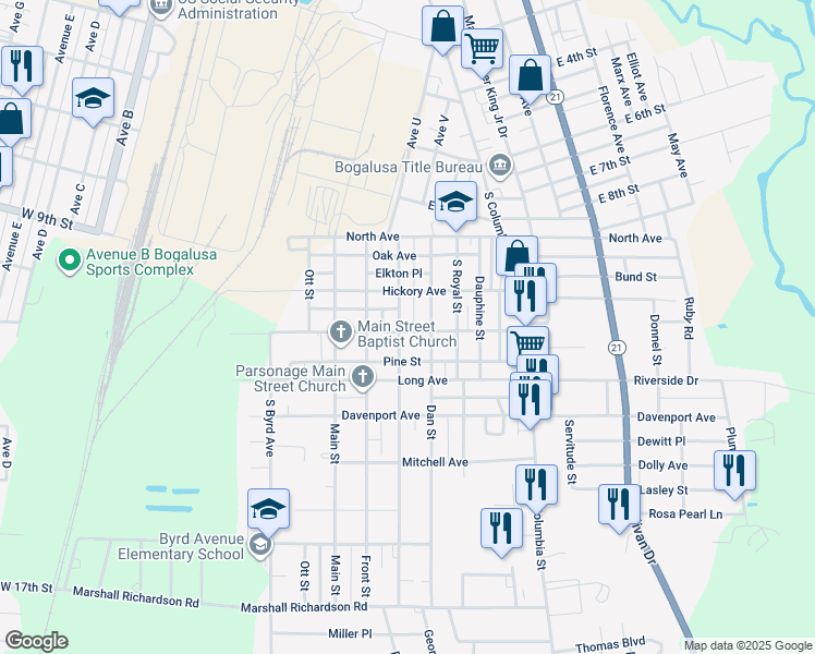 map of restaurants, bars, coffee shops, grocery stores, and more near 3953 Lolan Court in Bogalusa