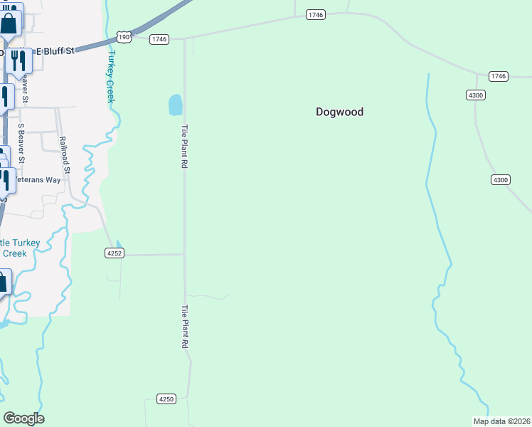 map of restaurants, bars, coffee shops, grocery stores, and more near Tile Plant Road in Woodville