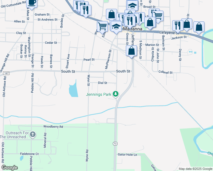 map of restaurants, bars, coffee shops, grocery stores, and more near 2768 Brenda Street in Marianna