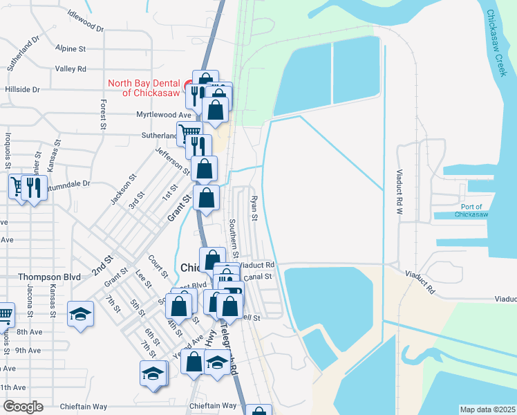 map of restaurants, bars, coffee shops, grocery stores, and more near 22 Ryan Street in Chickasaw