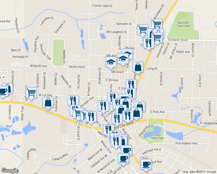 map of restaurants, bars, coffee shops, grocery stores, and more near 208 East 2nd Avenue in Crestview