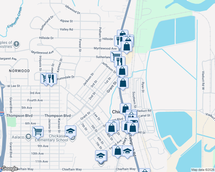 map of restaurants, bars, coffee shops, grocery stores, and more near 305 Grant Street in Chickasaw