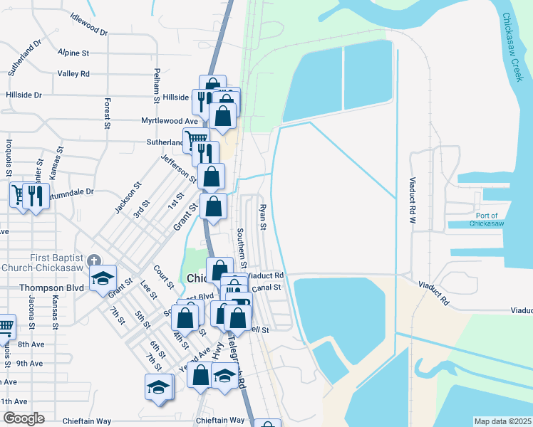 map of restaurants, bars, coffee shops, grocery stores, and more near 32 Ryan Street in Chickasaw