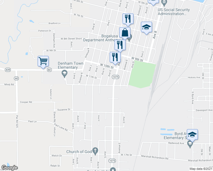 map of restaurants, bars, coffee shops, grocery stores, and more near 700 West 12th Street in Bogalusa