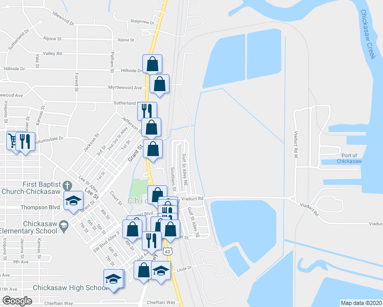map of restaurants, bars, coffee shops, grocery stores, and more near 32 Ryan Street in Mobile