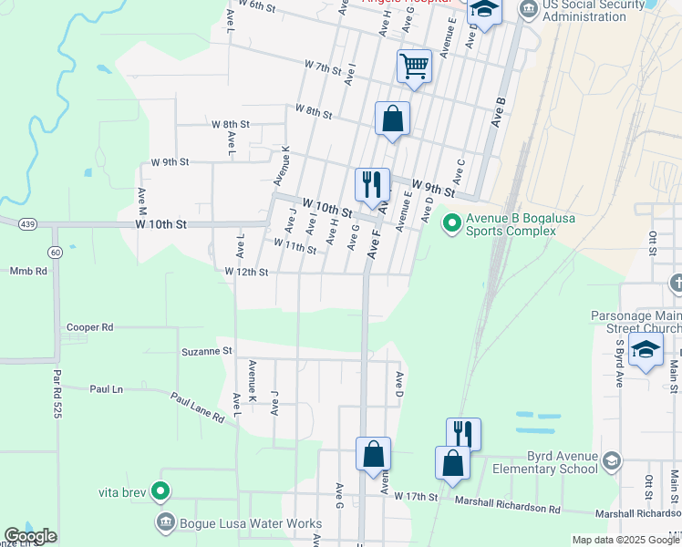 map of restaurants, bars, coffee shops, grocery stores, and more near 715 West 12th Street in Bogalusa