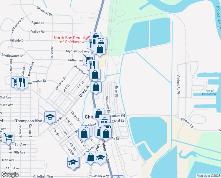 map of restaurants, bars, coffee shops, grocery stores, and more near 67 Sidewalk Street in Chickasaw