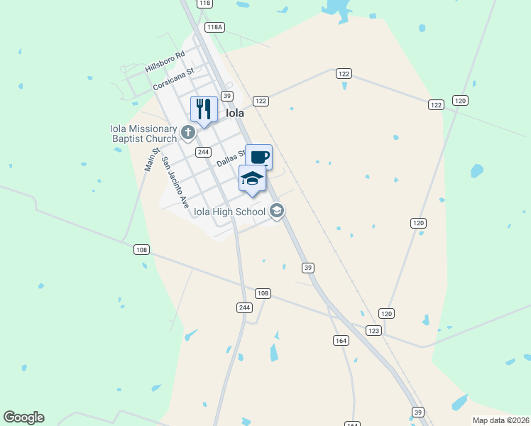 map of restaurants, bars, coffee shops, grocery stores, and more near 7282 Fort Worth Street in Iola