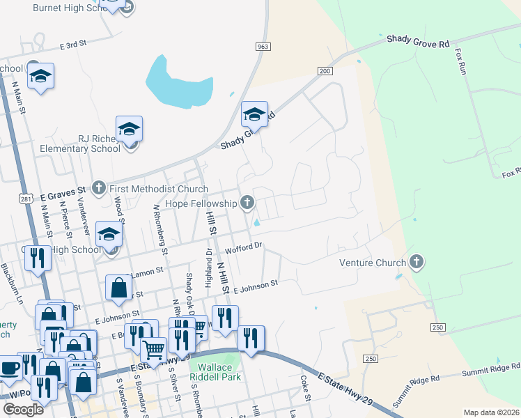 map of restaurants, bars, coffee shops, grocery stores, and more near 703 East Applewood Drive in Burnet