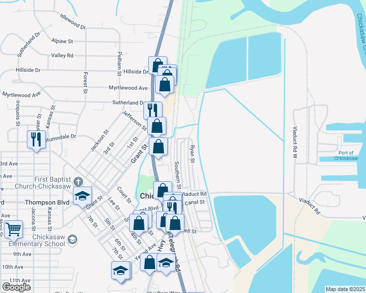 map of restaurants, bars, coffee shops, grocery stores, and more near 61 1/2 Gulf Street in Chickasaw
