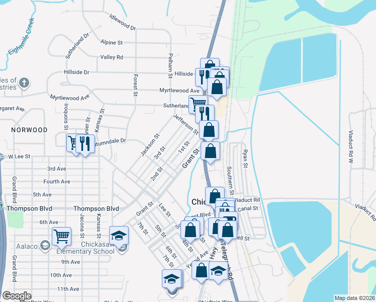 map of restaurants, bars, coffee shops, grocery stores, and more near 316 2nd Street in Chickasaw