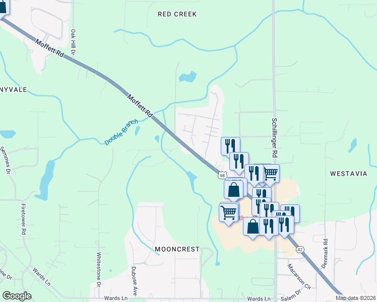 map of restaurants, bars, coffee shops, grocery stores, and more near 8032-8098 Moffett Rd in Semmes