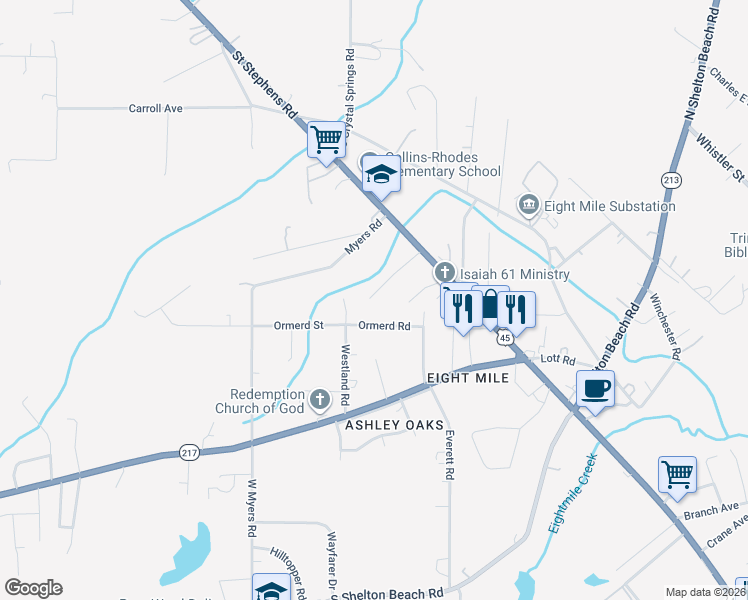 map of restaurants, bars, coffee shops, grocery stores, and more near 1711-1731 Annette Avenue in Prichard
