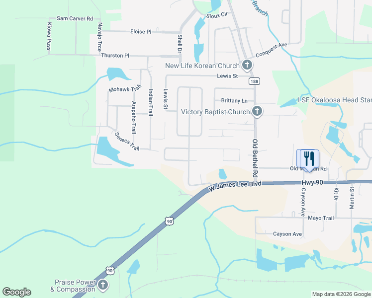 map of restaurants, bars, coffee shops, grocery stores, and more near 2150 Hagood Loop in Crestview